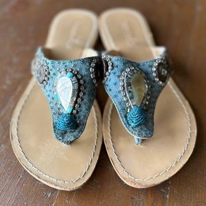 Bamboo54 Denim Blue Brown Thong Flat Sandals with Gem Stones, Size L (8.5-9)